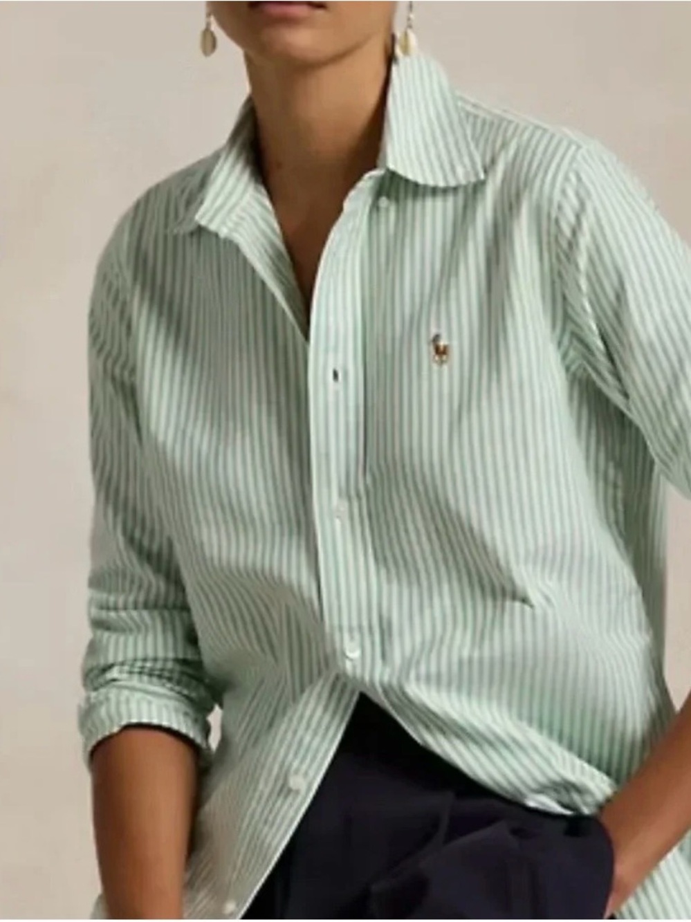 Ralph Lauren Mint Green and White Striped Button-Down Shirt